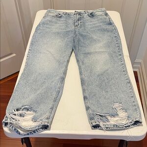 We The Free Mom Jeans Light Blue Distressed Hem High Waist Womens 32 Waist